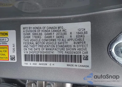 2025 Honda Civic Sport из США, поврежденный, VIN 2HGFE2F56SH555741